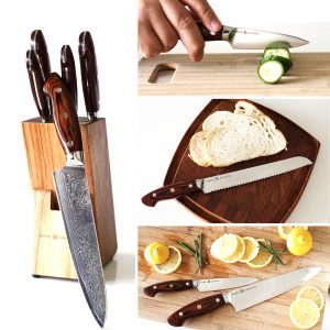 ZHEN - Kitchen Knife Set - Nakiri Chef Santoku Paring and Bread Knife -  Damascus - Unfinished Kit - 5 Piece