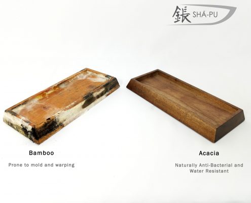 Comparison of an Acacia wood Whetstone Sharpening base and a moldy bamboo whetstone sharpening base