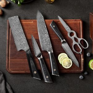 5 Pieces Damascus Steel Hammered Kitchen Knife Set, 2 Tone Black Dollar Wood Scale, 36 Inches Steel Sharp Knives, Custom Made Hand Forged Hammered