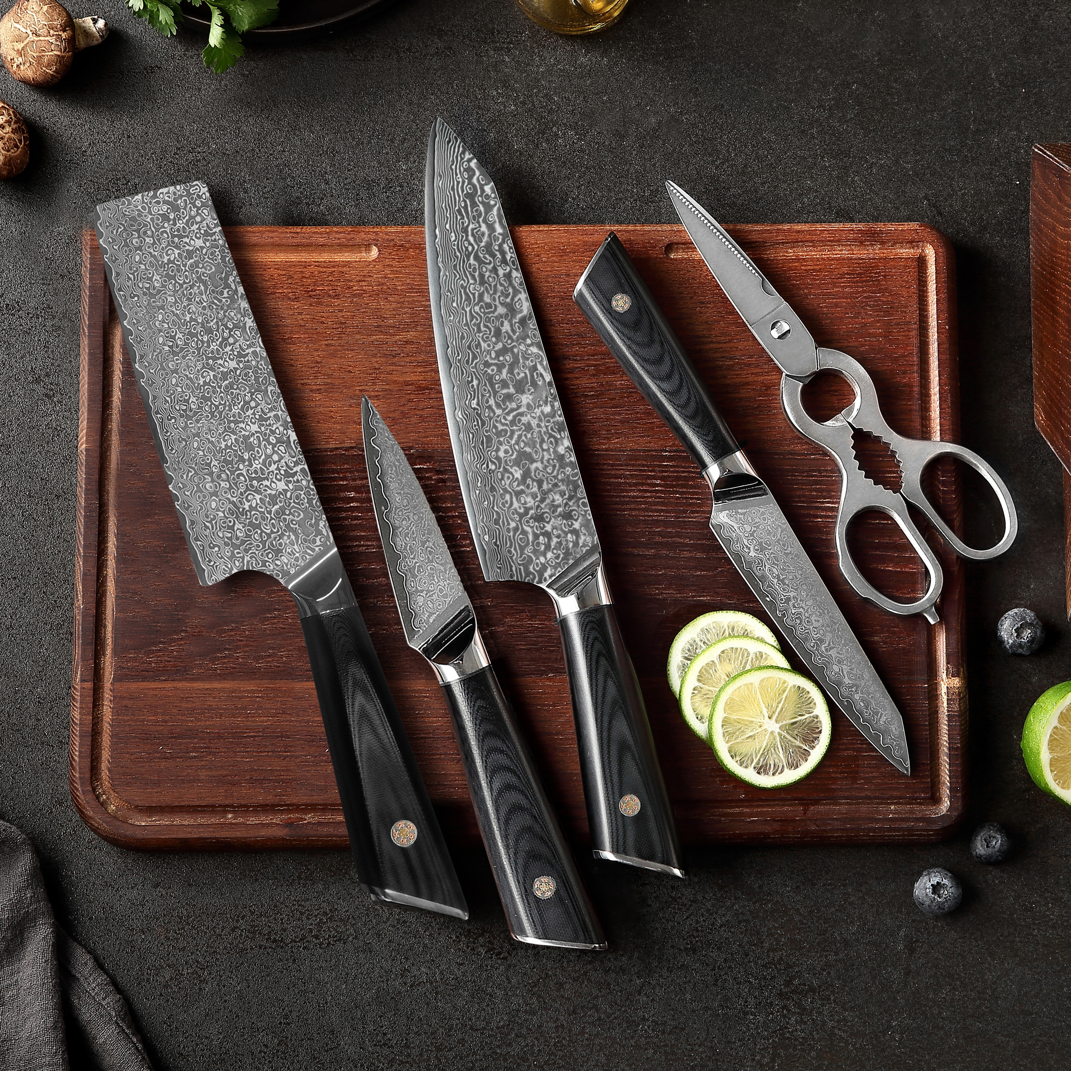 6 Piece Hammered Damascus Steel Knife Set with 16-Layer Steel Blade an –  Marketfleet Inc.