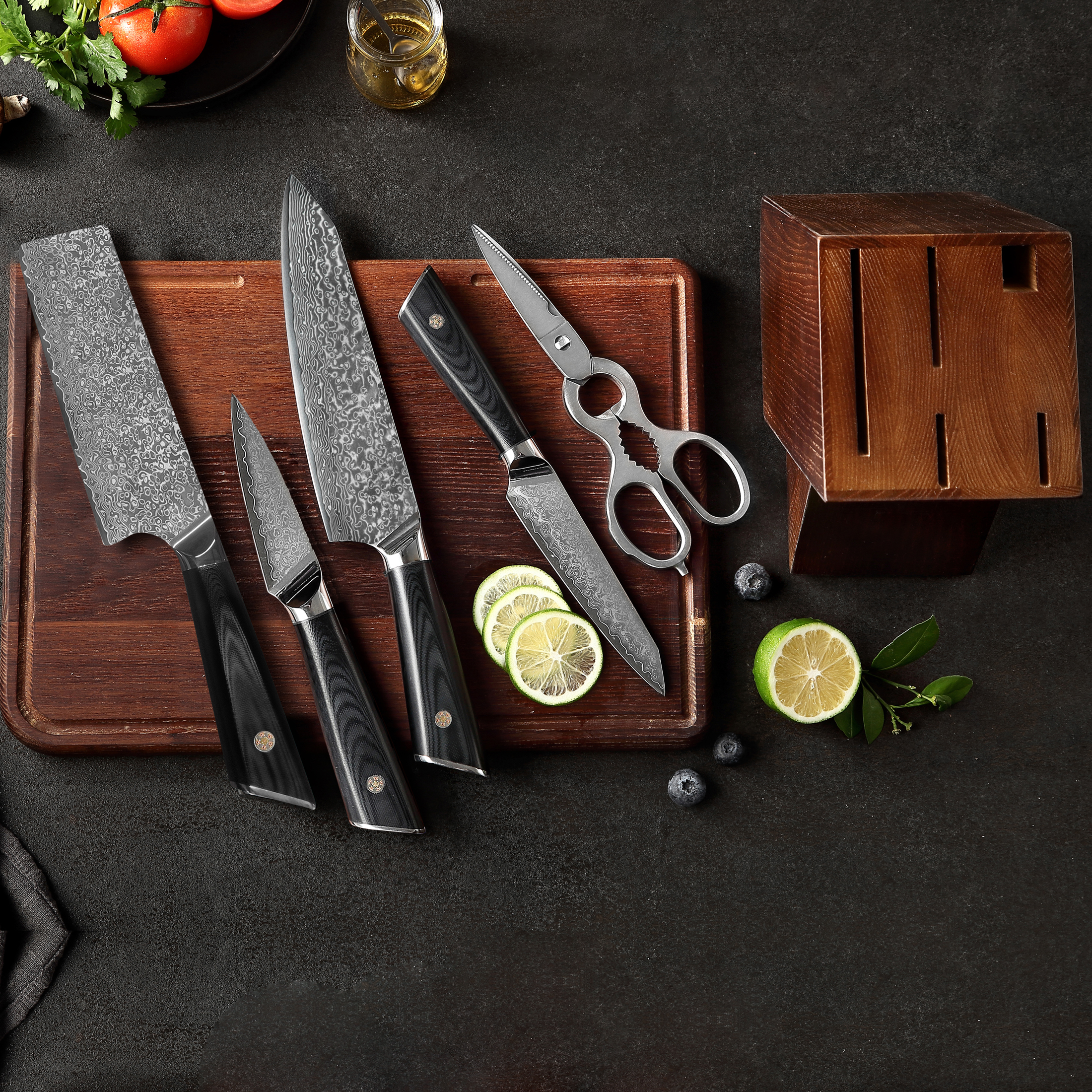 16-piece Natural Acacia Wood Knife Block Set Damascus Pattern Chef Knife Set,  Steak Knives, Kitchen Shears Blue Resin Handles 