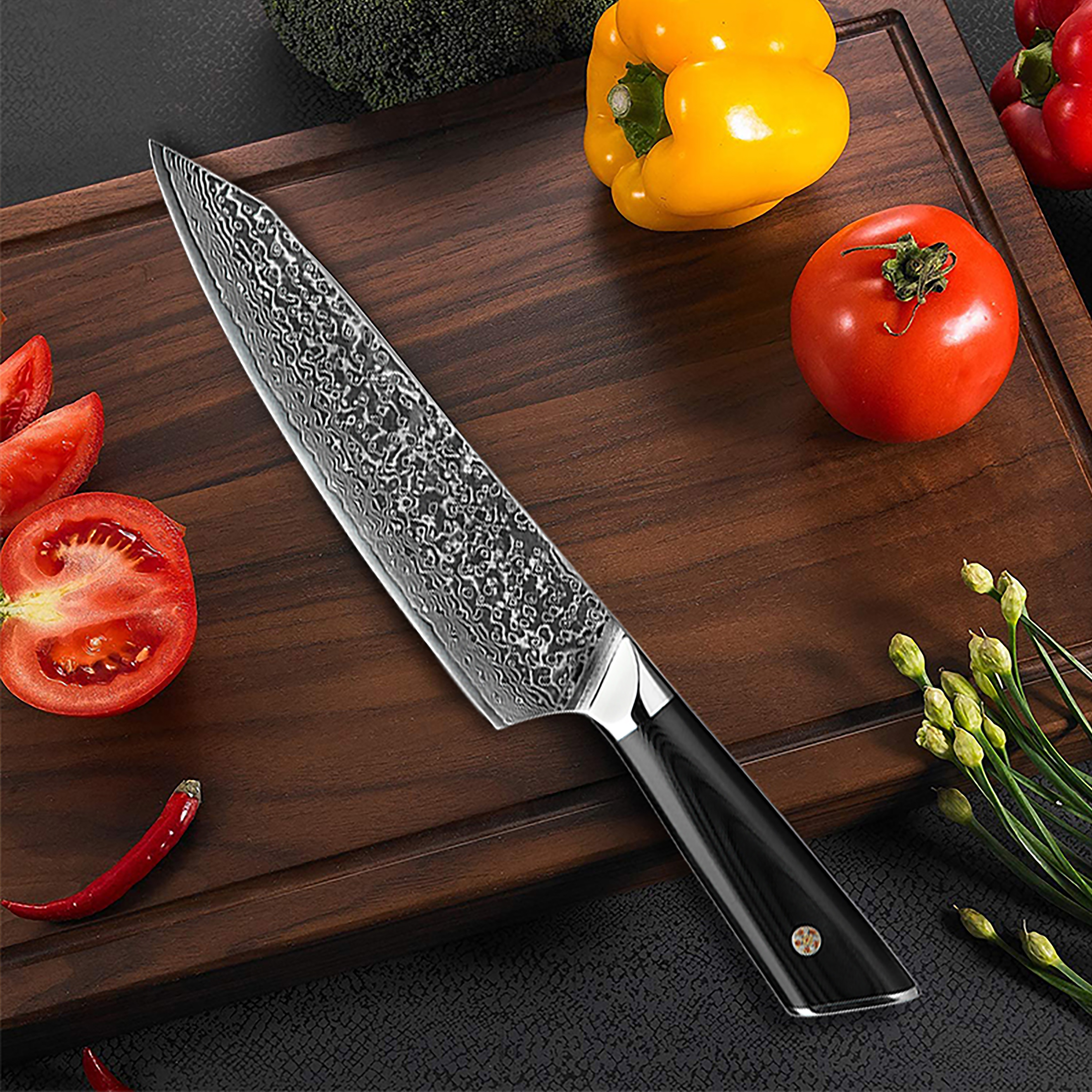 16-piece Natural Acacia Wood Knife Block Set Damascus Pattern Chef Knife Set,  Steak Knives, Kitchen Shears Pakka Wood Handles 