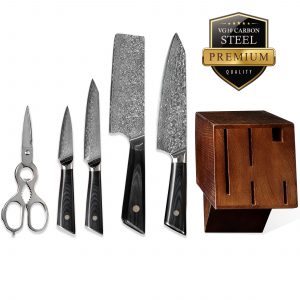 ZHEN - Kitchen Knife Set - Nakiri Chef Santoku Paring and Bread Knife -  Damascus - Unfinished Kit - 5 Piece